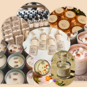 May include: A collage of aromatherapy products, including candles, car air fresheners, and small bottles. The candles are in tins with wooden wicks and dried flowers. The air fresheners have wooden tops and are labeled with scents like "Flower Child" and "Palo Santo."