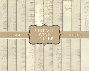Peut inclure: Vingt pages de papier de registre de vin vintage avec des entrées manuscrites à l'encre brune. Le papier est de couleur crème et a un aspect vieilli. Les pages sont en 300 DPI.