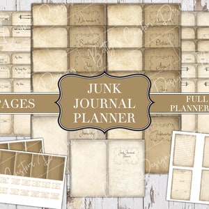 Puede incluir: Un kit de planificador de diario de chatarra imprimible con 30 páginas. El kit incluye páginas de calendario mensual, páginas de planificador semanal, páginas de planificador diario y páginas de notas. Las páginas están diseñadas con una estética vintage y presentan una combinación de colores marrón y blanco.