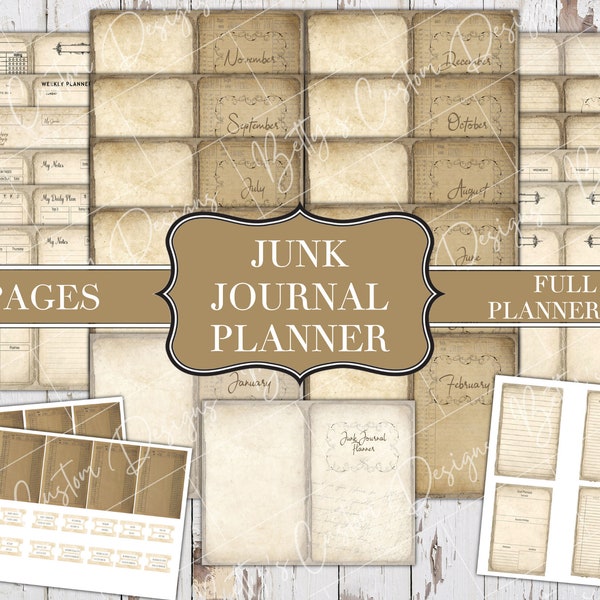 Junk Journal Planner Kit - Calendar - Bullet Journal - Shabby Junk Journal - Printable - Digital Planner - Scrapbook Planner - Ephemera