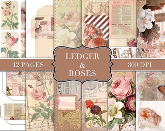 Kit per diario Ledger & Roses Junk Journal - Stampe su carta digitale - Album di ritagli - Libri vintage - Ephemera - Carta antica - Pagine di diario - Primavera