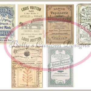 Op de afbeelding: Een collage van vintage advertenties met verschillende producten en diensten. De advertenties omvatten een tabaksproducent, een bagagemaker, een tapijtzaak, een fotostudio en een merk voor afwasmiddel. De advertenties zijn gedrukt op verouderd papier met sierlijke randen en typografie.