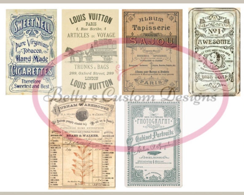 Op de afbeelding: Een collage van vintage advertenties met verschillende producten en diensten. De advertenties omvatten een tabaksproducent, een bagagemaker, een tapijtzaak, een fotostudio en een merk voor afwasmiddel. De advertenties zijn gedrukt op verouderd papier met sierlijke randen en typografie.