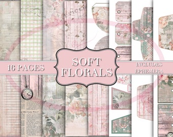 Soft Florals Junk Journal Kit - Stampe di carta digitale - Scrapbook - Libri vintage - Ephemera - Carta antica - Pagine di diario - Primavera