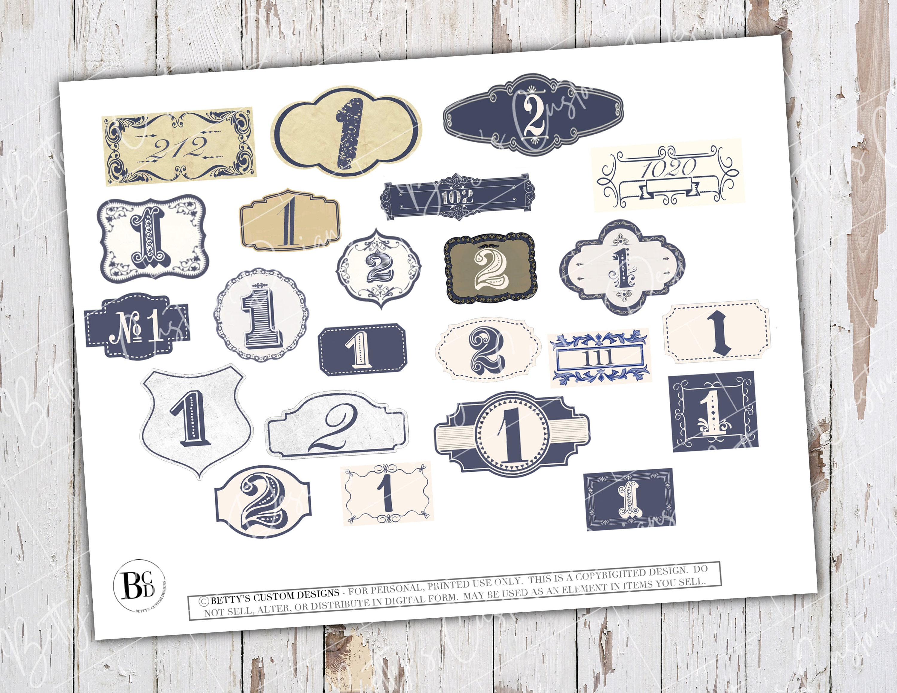 Vintage Blue Number Labels - Random Labels - Junk Journal Ephemera ...