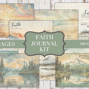 May include: A digital journal kit with 27 pages featuring watercolor illustrations of landscapes with mountains, lakes, and seascapes. The kit includes inspirational quotes about faith. The text "Faith Journal Kit" is displayed in a green banner. The text "27 Pages" and "300 DPI" are also displayed.