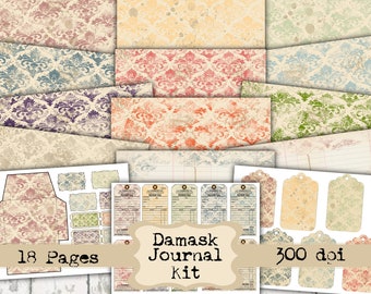 Vintage Damask Junk Journal Kit - Digital Paper Prints - Scrapbook - Vintage Books - Ephemera - Antique Paper - Journal Pages - Spring