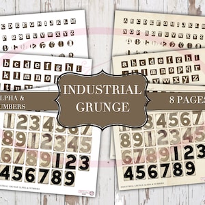 Alfabeto e números grunge industrial - digital - fonte de máquina de escrever - imprimível - coisas efêmeras - etiqueta de lixo eletrônico - estilo Tim Holtz