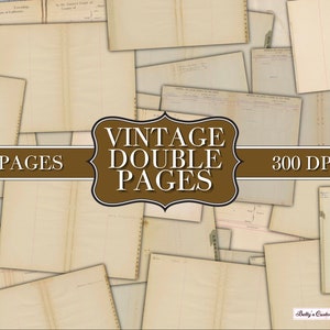 Op de afbeelding: Een verzameling van 28 vintage dubbele pagina's, elk met een crèmekleurige achtergrond en geruite lijnen. De pagina's zijn in een collage-achtig patroon gerangschikt, met de tekst "Vintage Double Pages", "28 Pages" en "300 DPI" zichtbaar bovenaan.