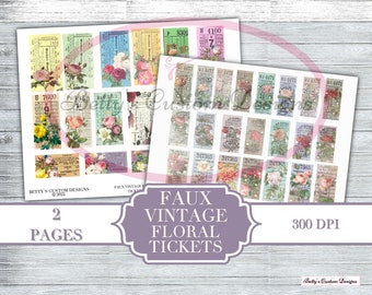 Faux Vintage Floral Tickets - Junk Journal - Embellishment - Shabby - Digital - Printable - Ephemera - Ticket - Butterfly