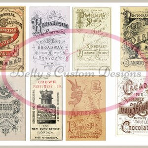 Op de afbeelding: Een verzameling vintage advertenties met verschillende bedrijven, waaronder een leverregelaar, een fotostudio, een parfumerie en een cacao-bedrijf. De advertenties zijn gedrukt in zwart-wit met rode en gouden accenten.