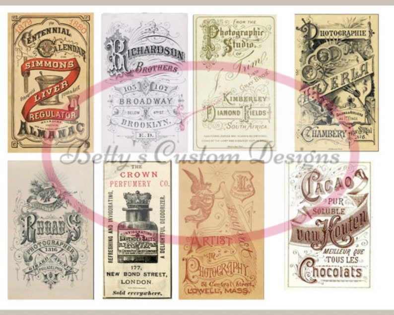 Op de afbeelding: Een verzameling vintage advertenties met verschillende bedrijven, waaronder een leverregelaar, een fotostudio, een parfumerie en een cacao-bedrijf. De advertenties zijn gedrukt in zwart-wit met rode en gouden accenten.