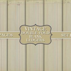 Op de afbeelding: Set van 10 lege vintage grootboekpagina's, elk met een dubbelgevouwen ontwerp. De pagina's zijn geruit met rode en blauwe lijnen en hebben een crèmekleurige achtergrond.