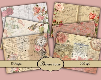 Americus Junk Journal Kit - Impressões em papel digital - Álbum de recortes - Livros vintage - Coisas efêmeras - Papel antigo - Páginas de diário - Primavera