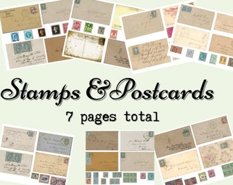 Vintage Postcards - Vintage Stamps - Stamps - Post cardLabels - Random Font - Handwritten -  Printable - Ephemera - Junk Journal Label