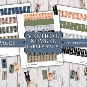 Verticale nummertabbladen - Nummerlabels - Afdrukbaar - Efemere - Junk Journal Label - Journal Phrases - Journal Words - Vintage lettertype