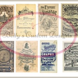 Op de afbeelding: Een verzameling vintage advertenties met verschillende producten en diensten. De advertenties zijn gedrukt op papier met een versleten en verouderde uitstraling. Sommige van de advertenties bevatten tekst zoals "Jayne's Medical Almanac", "The Empire Almanac", "Sullivan's Dublin Guide Book", "Mademoiselle Lili", "Ilgeler & Son Rank Lithographers of the Northwest", "Smoke Taddy's Grapnel Mixture" en "Sam Burns & Co Lumber".