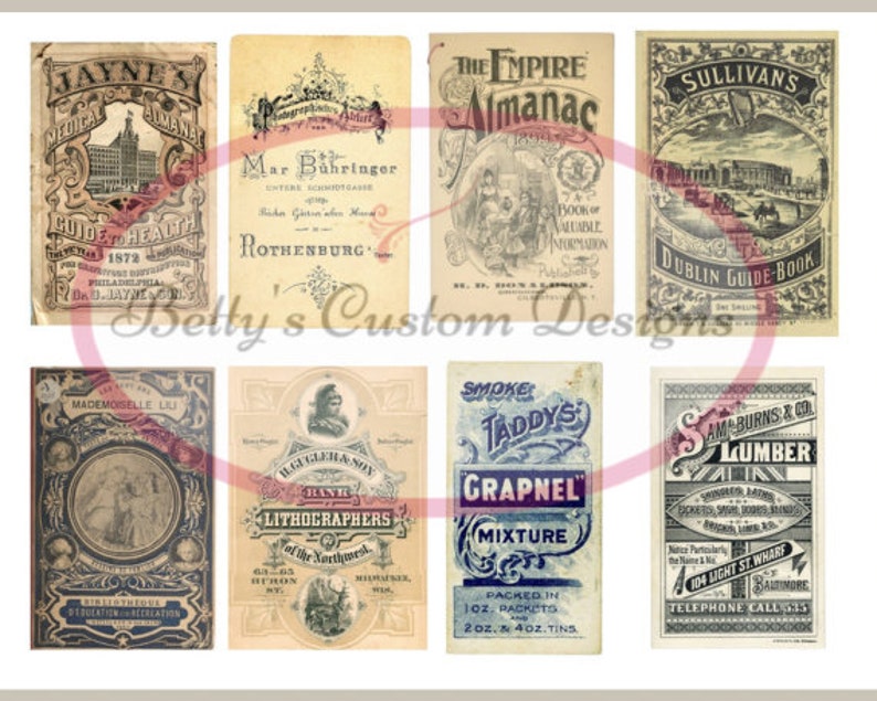 Op de afbeelding: Een verzameling vintage advertenties met verschillende producten en diensten. De advertenties zijn gedrukt op papier met een versleten en verouderde uitstraling. Sommige van de advertenties bevatten tekst zoals "Jayne's Medical Almanac", "The Empire Almanac", "Sullivan's Dublin Guide Book", "Mademoiselle Lili", "Ilgeler & Son Rank Lithographers of the Northwest", "Smoke Taddy's Grapnel Mixture" en "Sam Burns & Co Lumber".