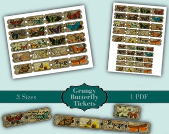 Grungy Butterfly Tickets - Junk Journal - Embellishment - Shabby - Digital - Printable - Ephemera - Ticket - Butterfly