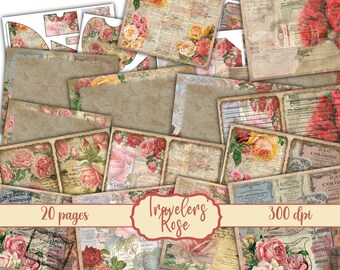 Kit di diario spazzatura Rose dei viaggiatori - Stampe di carta digitale - Scrapbook - Libri vintage - Ephemera - Carta antica - Pagine di diario - Primavera