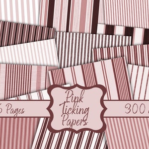 Pink Ticking Paper Kit - Background Paper - Digital Paper Prints - Scrapbook - Vintage Books - Ephemera - Antique Paper - Journal Pages