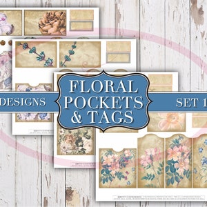 Floral Tags & Pockets Set 1 - Printable Tags - Junk Journaling Digitals - Junk Journaling Tags - Ephemera - Vintage Tag - Vintage Tags