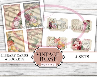 Vintage Rose Library Cards & Pockets - Printable - Journal Cards - Digital - Vintage - Birds - Collage - Embellishment - Ephemera