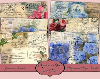 Roses are Red...and Blue Junk Journal Kit - Digital Paper Prints - Scrapbook - Vintage Books - Ephemera - Antique Paper - Journal Pages