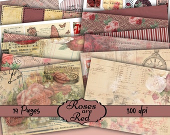 Roses are Red Junk Journal Kit - Digital Paper Prints - Scrapbook - Vintage Books - Ephemera - Antique Paper - Journal Pages - Spring