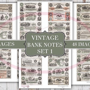 Notas bancárias vintage - Conjunto 1 - Pacote de coisas efêmeras - Junk Journal - Enfeite - Álbum de recortes - Download digital - Para impressão