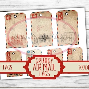 Grungy Air Mail Tags - Frases - Typewriter Font - Imprimible - Ephemera - Junk Journal Label - Phrases - Journal Phrases - Journal Words