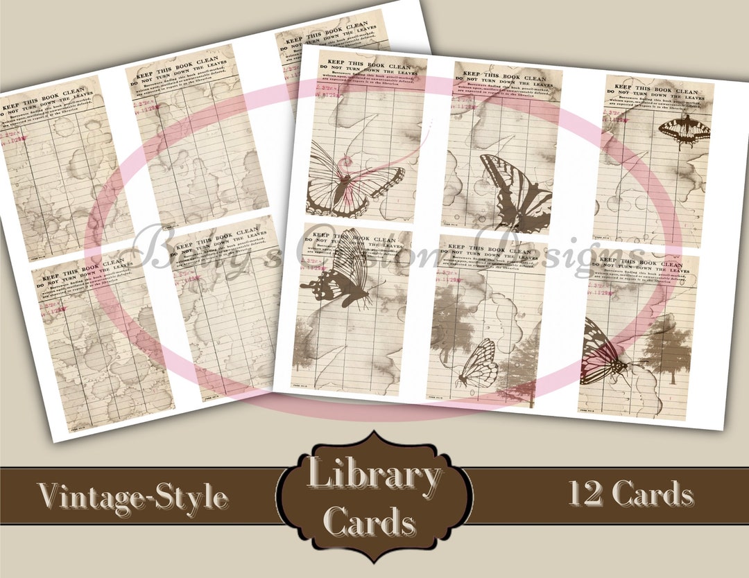 Grungy Vintage Style Butterfly Library Cards - Printable - Journal ...
