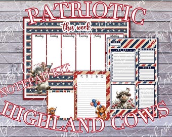 Collezione di blocchetti per appunti stampabili / Mucca delle Highlands patriottica / Stampabile / Articoli per fiere dell'artigianato / Personalizzabile / Personalizzabile / Festa della mamma