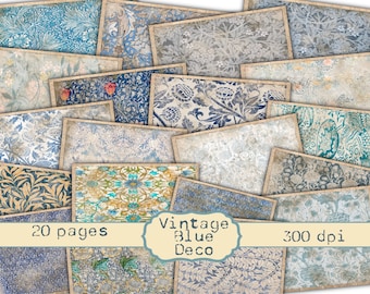 Vintage Blue Deco Junk Journal Kit - Digital Paper Prints - Scrapbook - Vintage Books - Ephemera - Antique Paper - Journal Pages - Spring