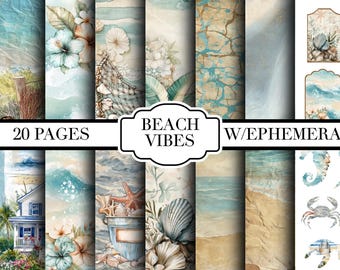 Kit per diario Beach Vibes Junk - Digitale - Stampabile - Schede di diario - Digitale - Vintage - Uccelli - Collage - Abbellimento