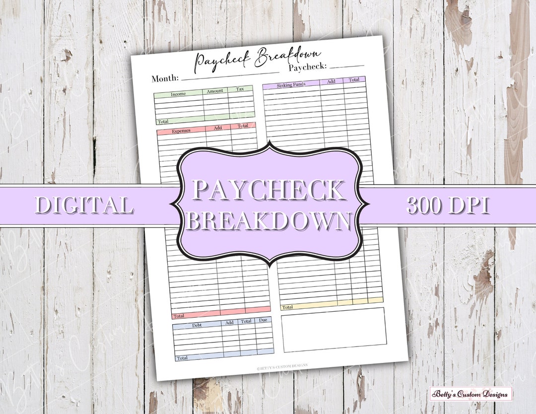 Paycheck Breakdown Worksheet Cash Envelope System Etsy