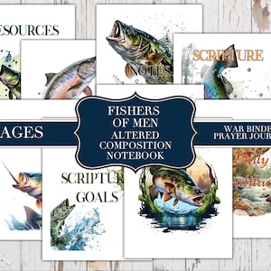 May include: A set of printable journal covers featuring watercolor illustrations of fish and nature scenes. The covers include titles like "Resources", "Notes", "Scripture", "Scripture Goals", "War Binder Prayer Journal", and "Fisher of Men Altered Composition Notebook".