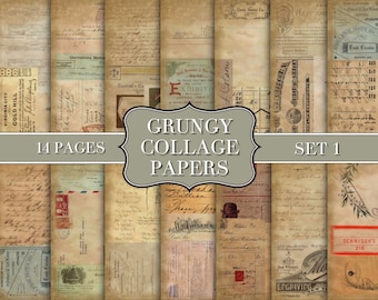 Op de afbeelding: Een set van 14 digitale collagepapieren met een grunge-esthetiek. De papieren bevatten een verscheidenheid aan vintage texturen en ontwerpen, waaronder handgeschreven notities, oude advertenties en botanische illustraties. De papieren zijn perfect voor scrapbooking, kaartmaken en andere papierambachten.