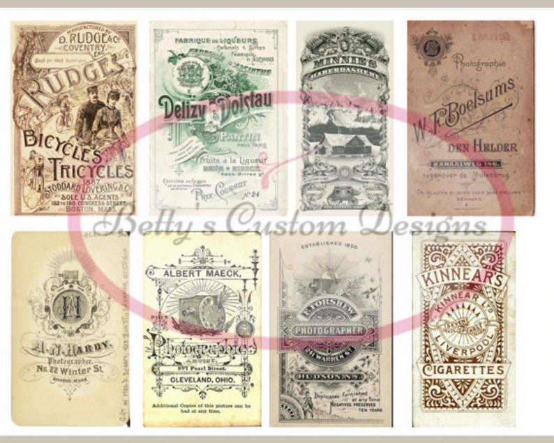 Op de afbeelding: Een verzameling vintage advertenties met verschillende producten en diensten. De advertenties zijn gedrukt in zwart-wit met sierlijke letters en illustraties. Sommige van de geadverteerde producten zijn fietsen, driewielers, likeuren, sigaretten, fotografie diensten en kappersdiensten.