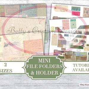 May include: A digital download of printable paper ephemera for crafting. The image shows a collection of vintage-style papers with text and graphics, including a bingo card, tickets, and receipts. The text on the image reads "Mini File Folders & Holder" and "2 Sizes".