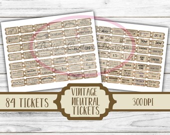 Vintage Neutral Tickets - 84 Tickets - Junk Journal - Embellishment - Shabby - Digital - Printable - Ephemera - Ticket - Butterfly