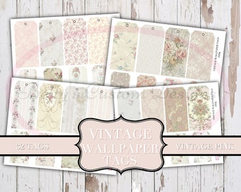 Vintage Wallpaper Tags - Vintage Pink  - Printable - Junk Journaling Digitals - Junk Journaling Tags - Ephemera - Vintage Tag - Vintage Tags