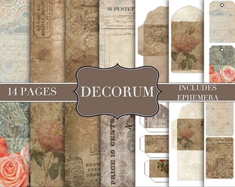 Decorum Junk Journal Kit - Stampe di carta digitale - Scrapbook - Libri vintage - Ephemera - Carta antica - Pagine di diario - Memoranda primaverili