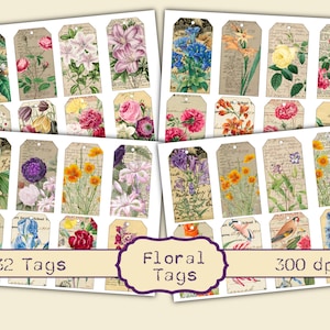 Floral Tags - Afdrukbaar - Journaalkaarten - Digitaal - Vintage - Vogels - Collage - Verfraaiing - Ephemera -