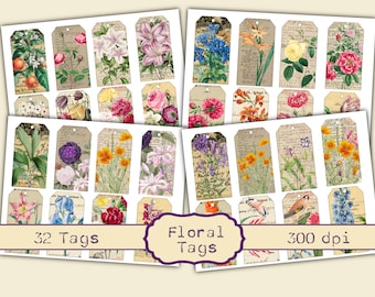 Floral Tags - Printable - Journal Cards - Digital - Vintage - Birds - Collage - Embellishment - Ephemera -