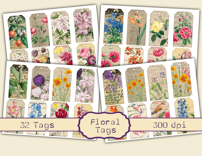Floral Tags - Printable - Journal Cards - Digital - Vintage - Birds ...