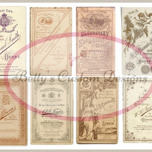 Op de afbeelding: Een collage van vintage visitekaartjes met tekst en afbeeldingen. De kaartjes zijn in verschillende tinten bruin en cr&egrave;me met zwarte tekst. De kaartjes bevatten tekst zoals "Edward Smith", "Kilbern's", "A.G. Taylor", "J.H. Curtis & Co", "W.H. Fawn", "R.B. Berry & Sons" en "The Elementary Spelling Book".