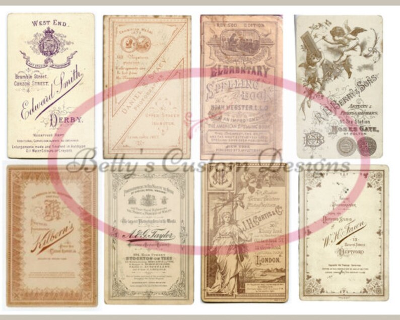 Op de afbeelding: Een collage van vintage visitekaartjes met tekst en afbeeldingen. De kaartjes zijn in verschillende tinten bruin en cr&egrave;me met zwarte tekst. De kaartjes bevatten tekst zoals "Edward Smith", "Kilbern's", "A.G. Taylor", "J.H. Curtis & Co", "W.H. Fawn", "R.B. Berry & Sons" en "The Elementary Spelling Book".