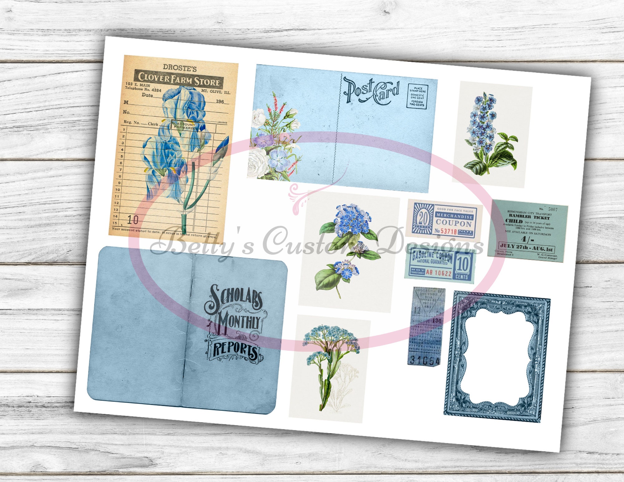 Blue Ephemera - Junk Journal Ephemera Kit - Digital Paper Prints ...