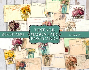Vintage-Style Mason Jar Postcards - Junk Journal - Embellishment - Shabby - Digital - Printable - Ephemera - Ticket - Butterfly